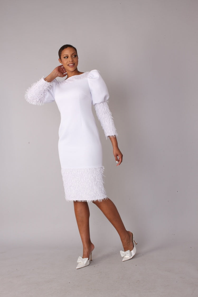 White fringe midi dress shown on model walking forward, puff sleeves and fringe detail, For Her NYC