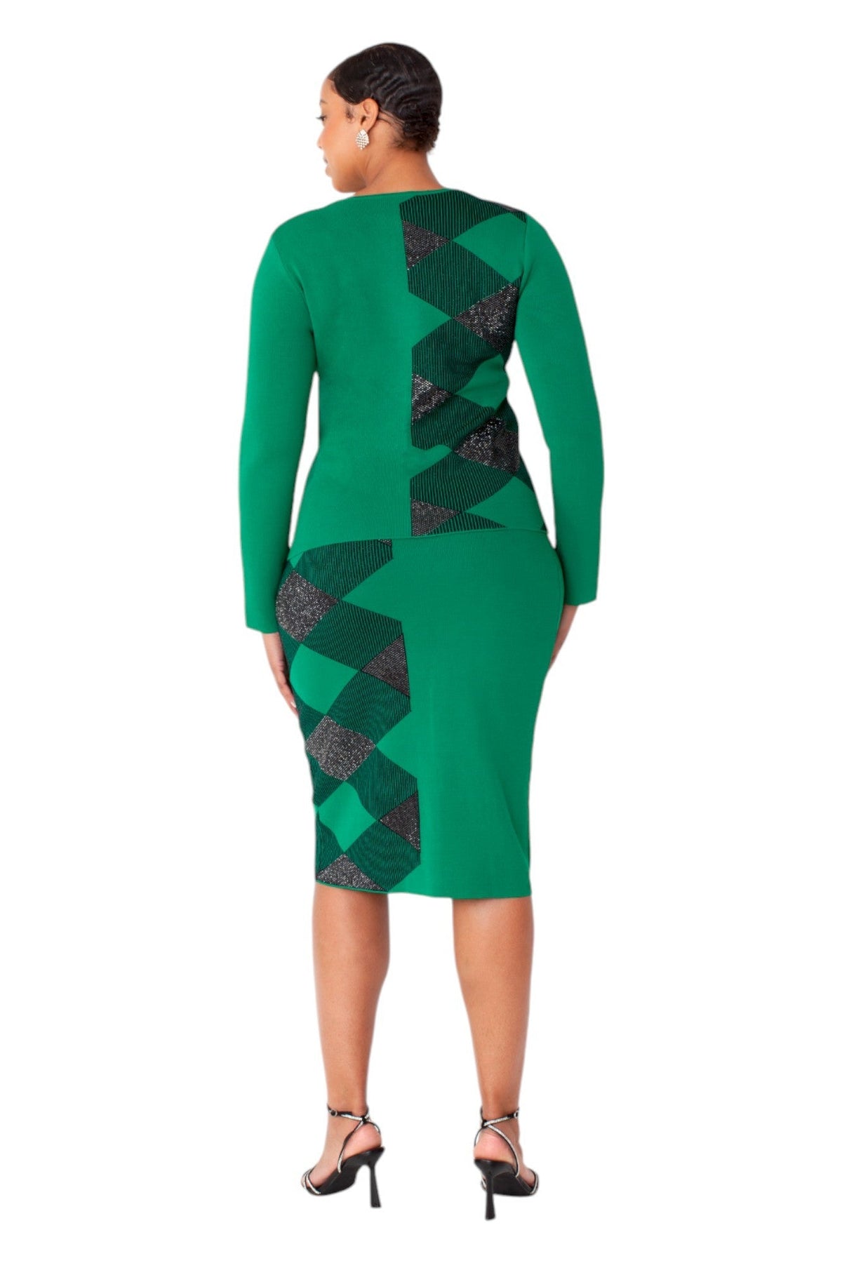 Back view of emerald and black geometric knit two-piece set featuring a streamlined fitted design by Tally Taylor