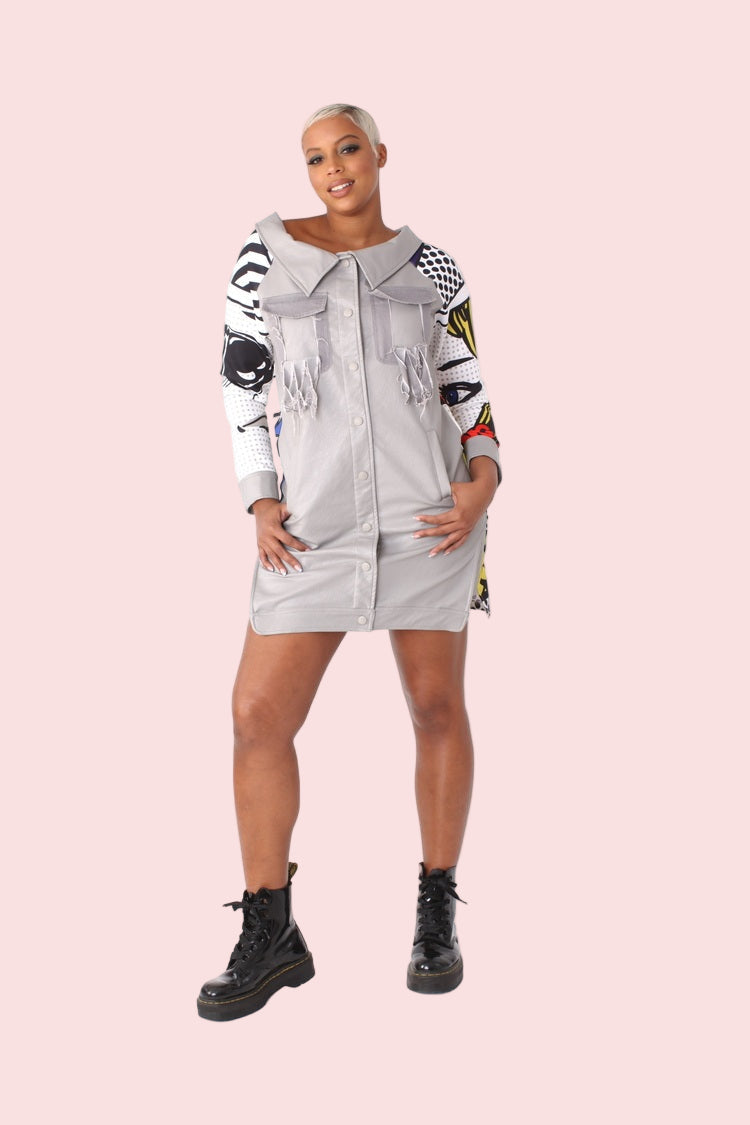 Grey printed sleeve leather long jacket front view – For Her NYC