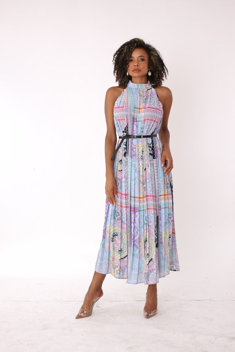 Pastel patchwork halter maxi dress with belted waist shown front full body for a flattering silhouette – For Her NYC