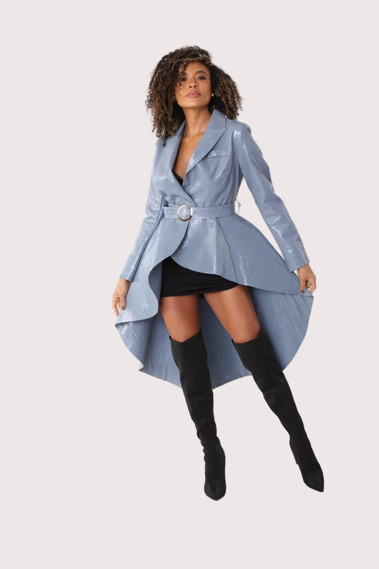 SLATE BLUE crocodile textured belted coat open stance – For Her NYC