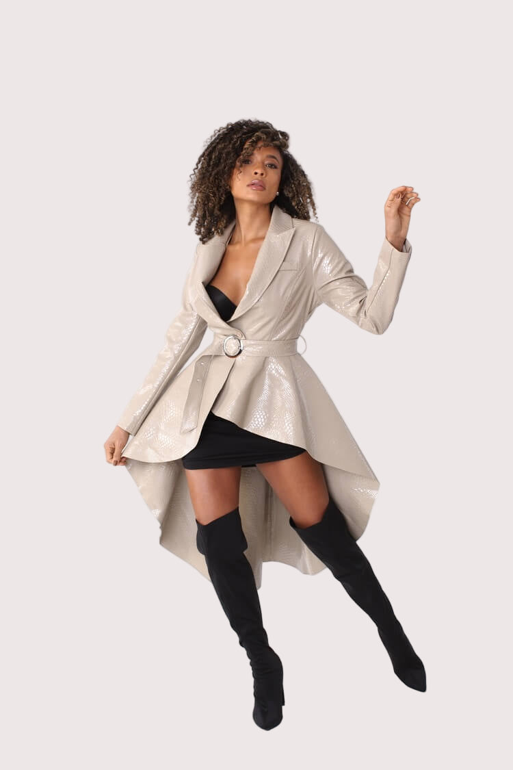 Nude high-low crocodile coat shown in motion with belted waist – For Her NYC