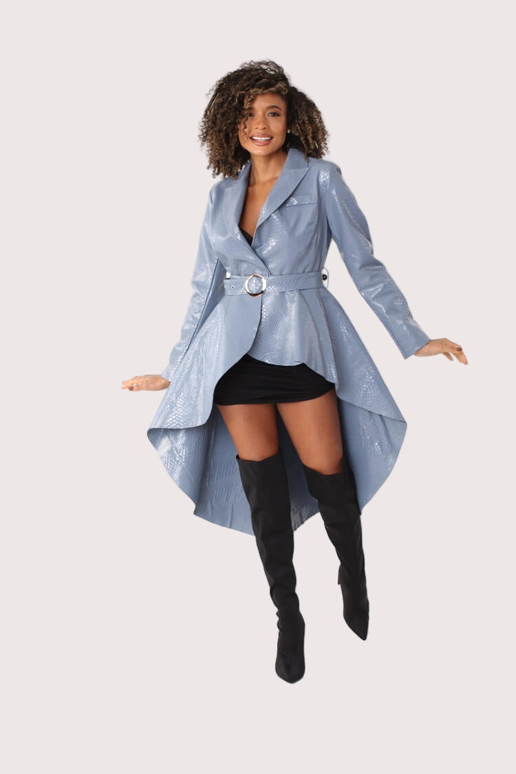 Front view of light blue crocodile embossed high-low belted coat – For Her NYC