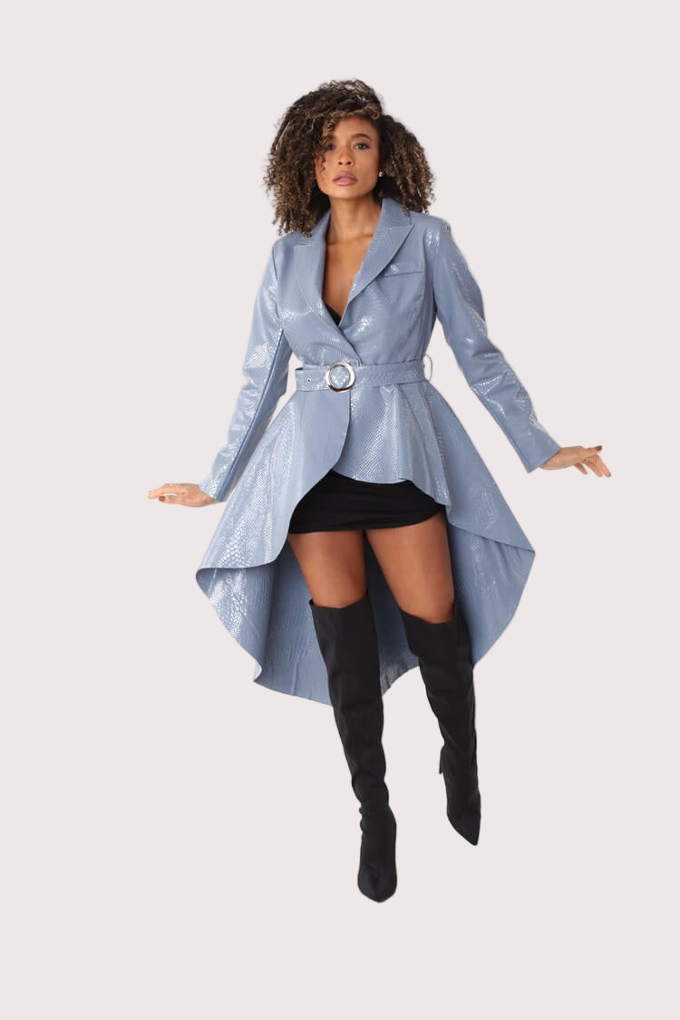 Front view of SLATE BLUE crocodile embossed high-low belted coat – For Her NYC