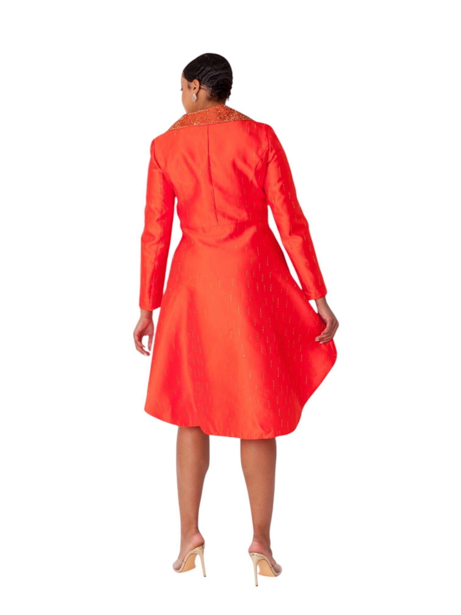 Red high-low church suit with embellished collar and flowing skirt, back view, Tally Taylor
