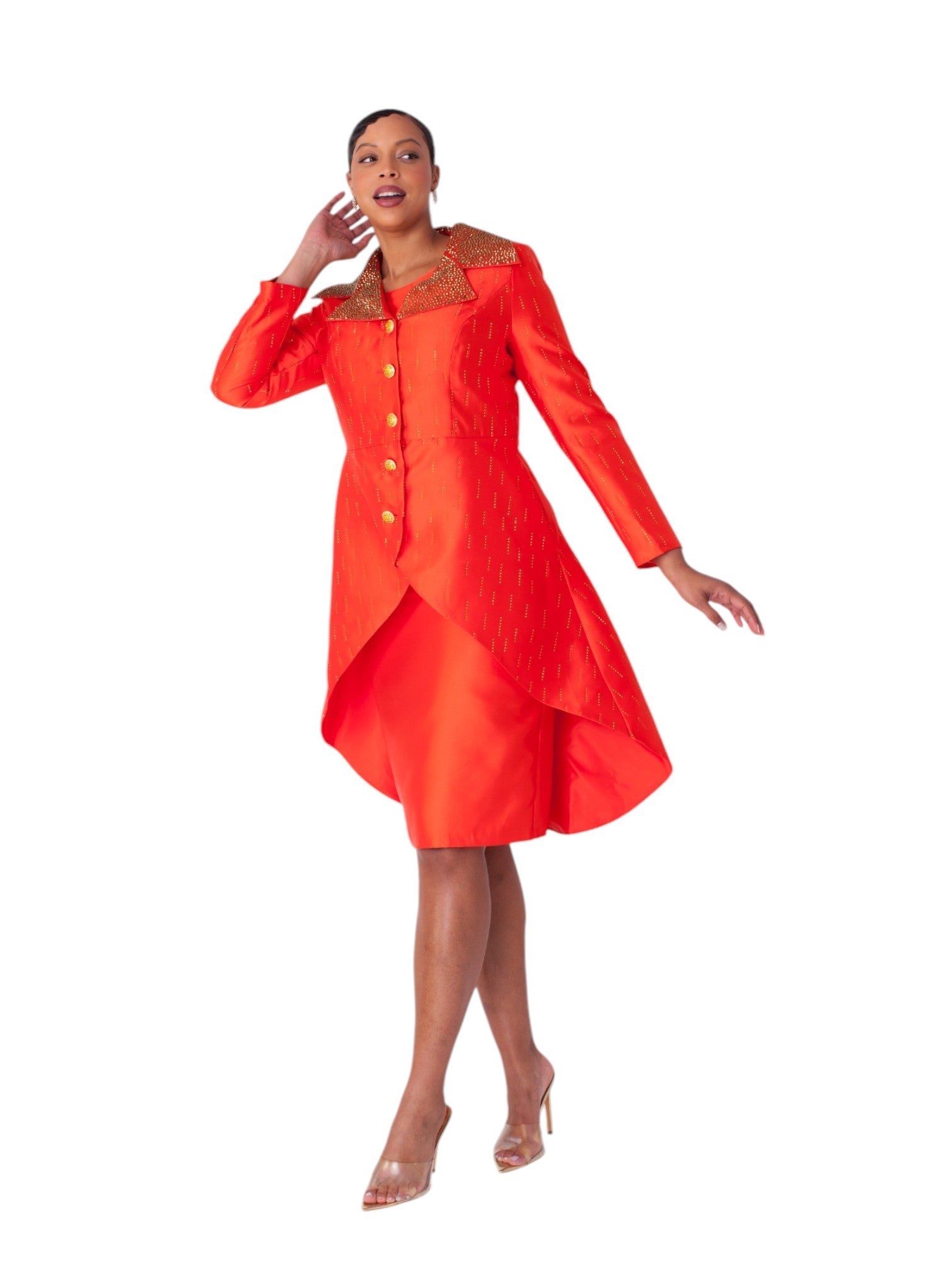 Red high-low church suit with embellished collar and asymmetrical hem, front view, Tally Taylor