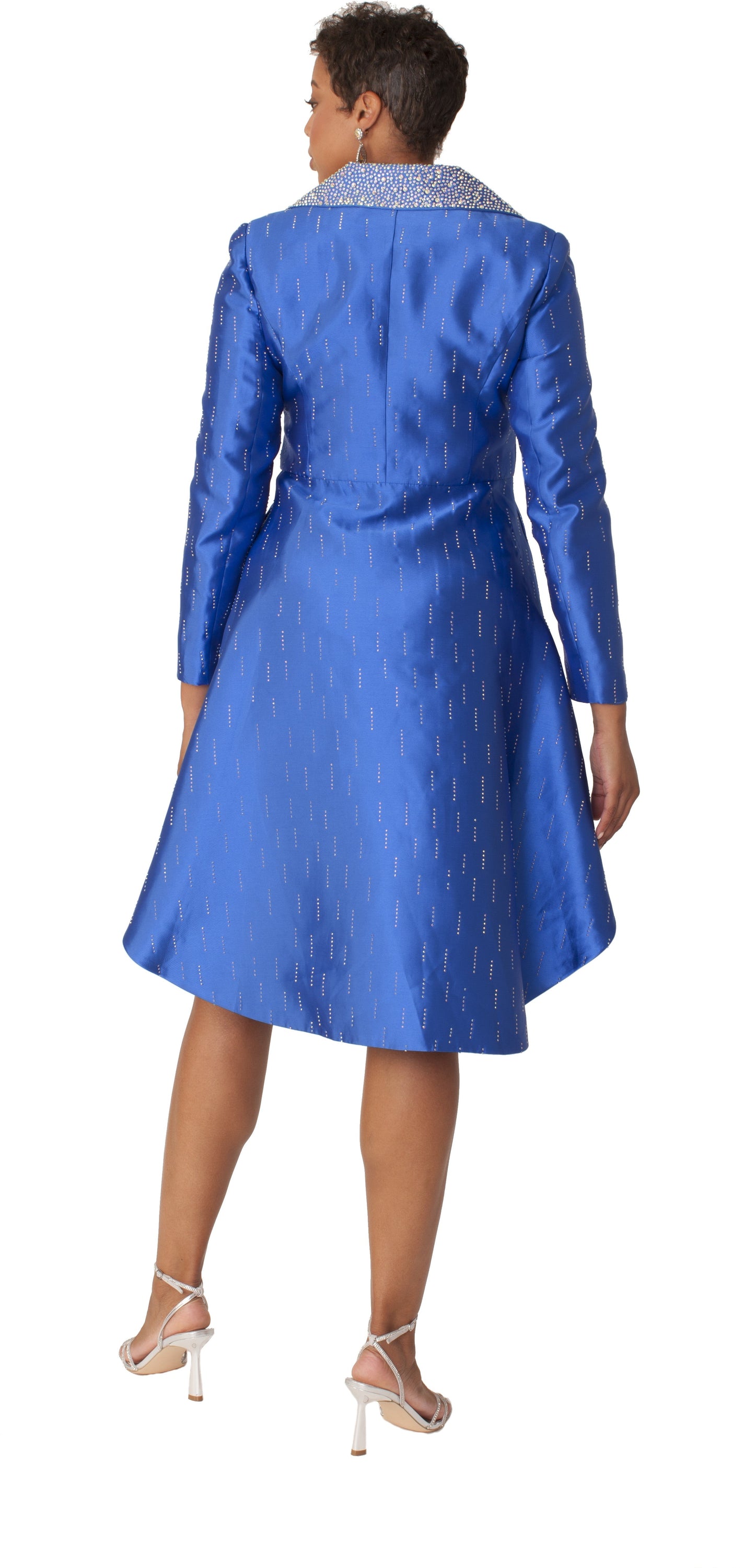 Royal blue high-low church suit with embellished collar and flowing skirt, back view, Tally Taylor