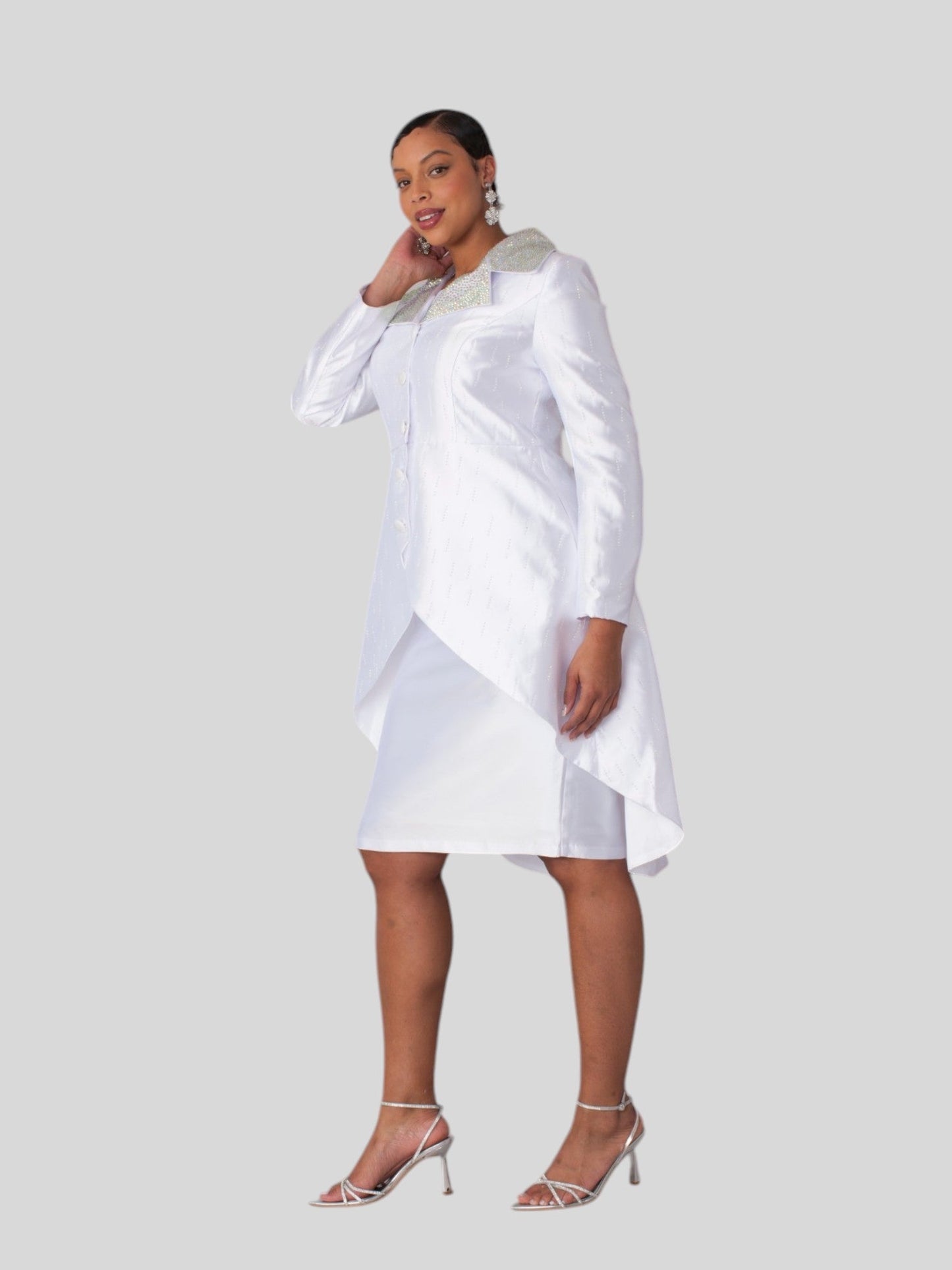 White high-low church suit with embellished collar and flowing skirt, back view, Tally Taylor