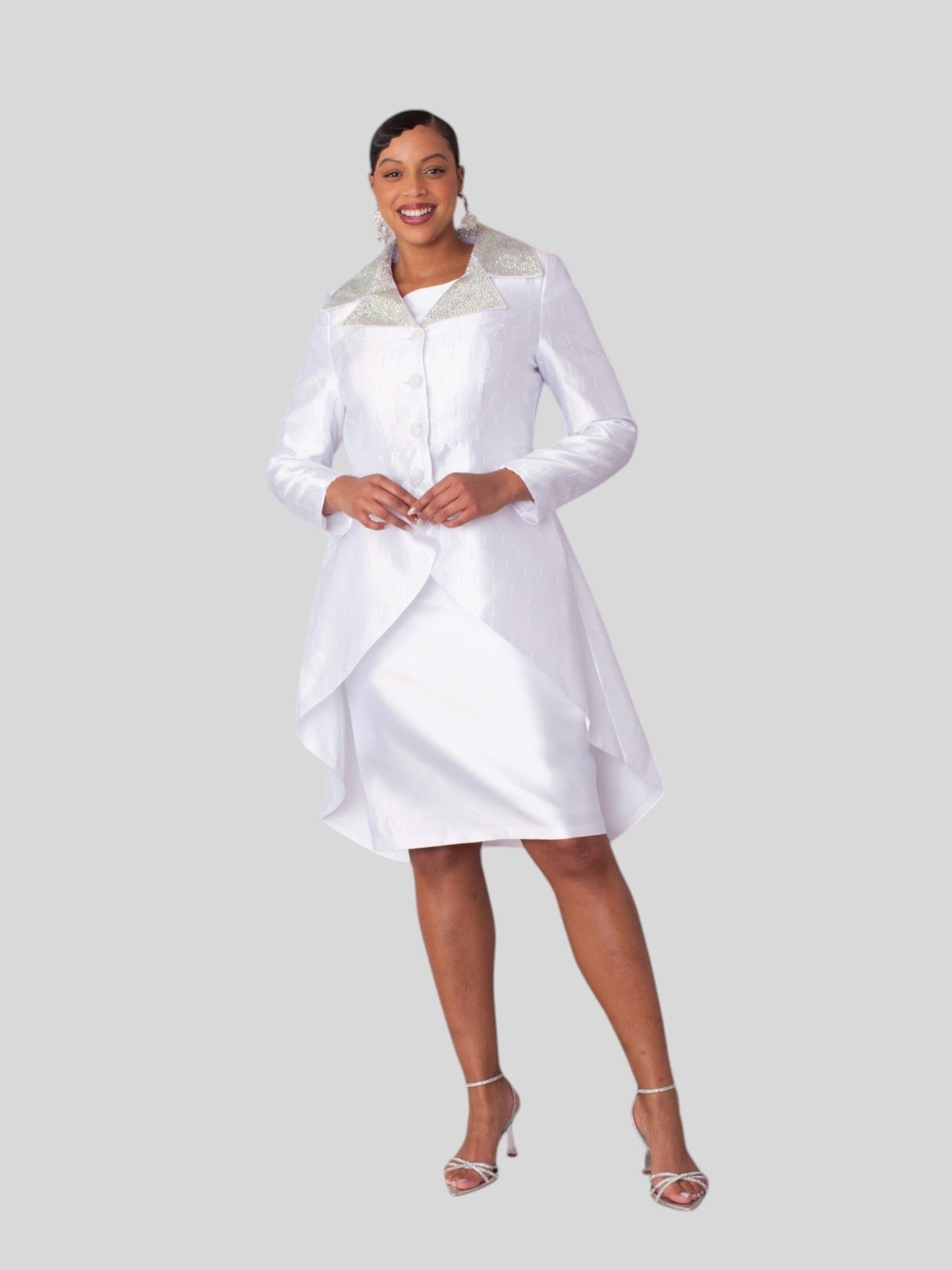White high-low church suit with embellished collar and asymmetrical hem, front view, Tally Taylor