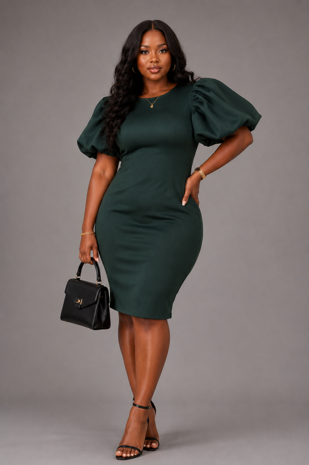 Model wearing hunter green scuba puff sleeve midi dress with a figure flattering silhouette.
