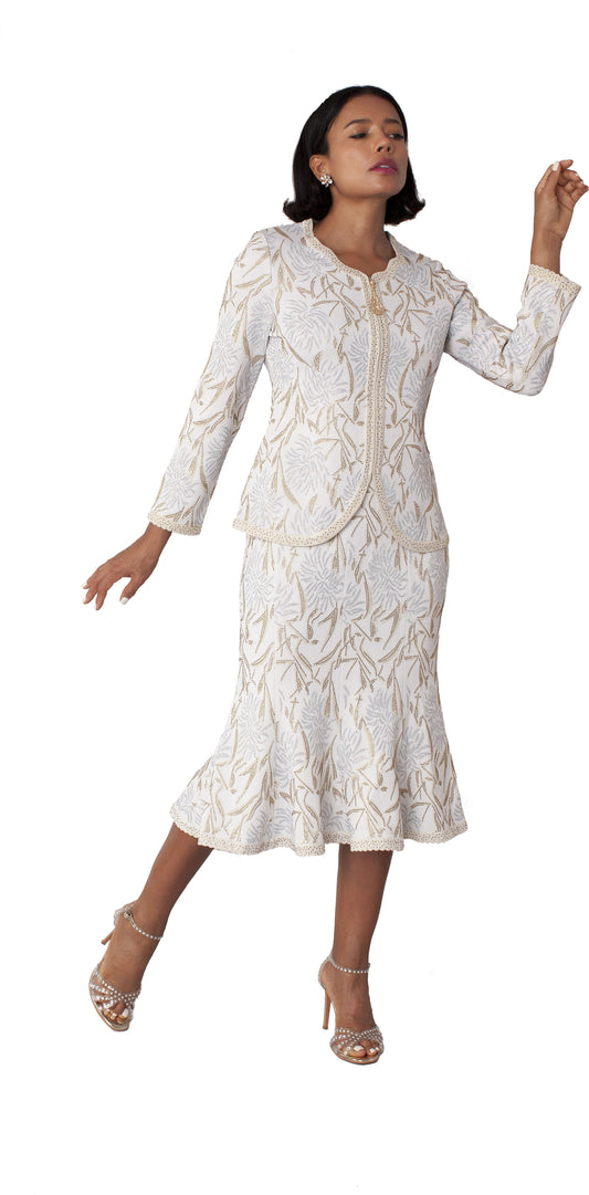 Ivory and gold floral embroidered two-piece dress suit with scalloped trim and fitted jacket, front view, Tally Taylor