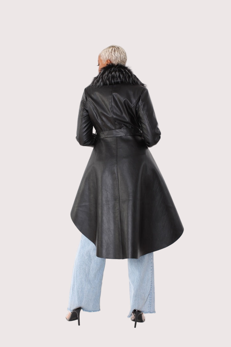 Back view of black faux leather high-low coat with fur collar – For Her NYC