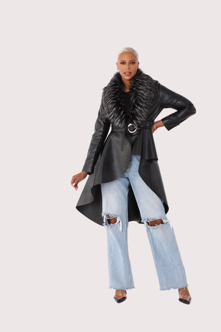 Black high-low faux leather coat open stance showing detail – For Her NYC