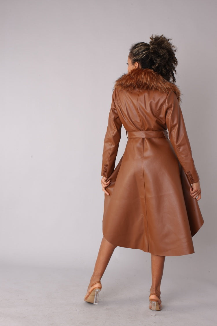 alt text: Back view of brown faux leather high-low coat with fur collar – For Her NYC