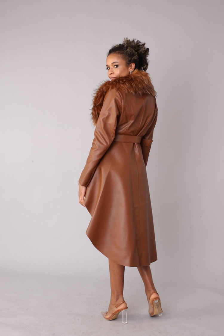 Side angle of brown faux leather belted coat with fur collar – For Her NYC