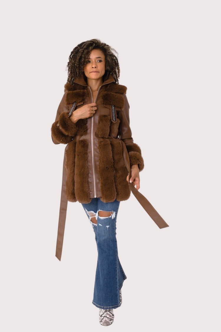 Close up styled brown faux fur trim jacket detail pose