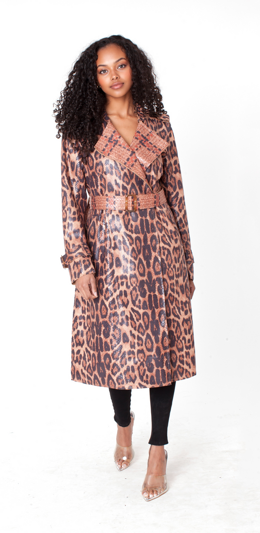 Model wearing a leopard print belted trench coat with lapel collar and tailored fit, front view – For Her NYC