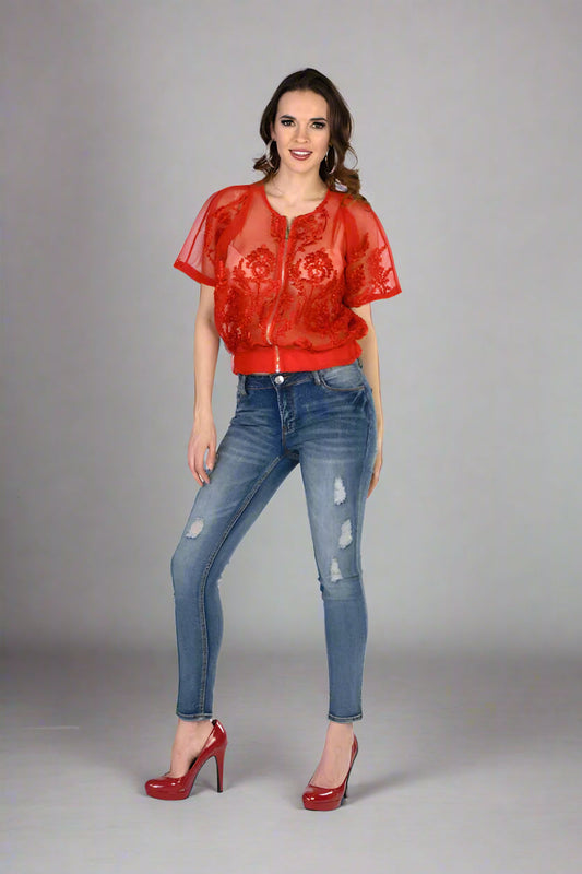 Red mesh bomber jacket front view showing short sleeves, sheer sporty mesh fabric, and edgy streetwear style.