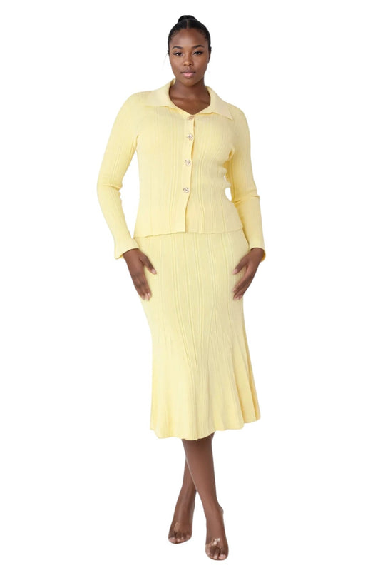 Yellow metallic sheen ribbed knit two-piece set featuring a tailored jacket and coordinating midi skirt shown from the front by Tally Taylor