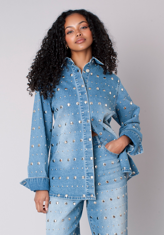83031 Denim mirror stud jacket with allover embellishments and relaxed fit front view – For Her NYC