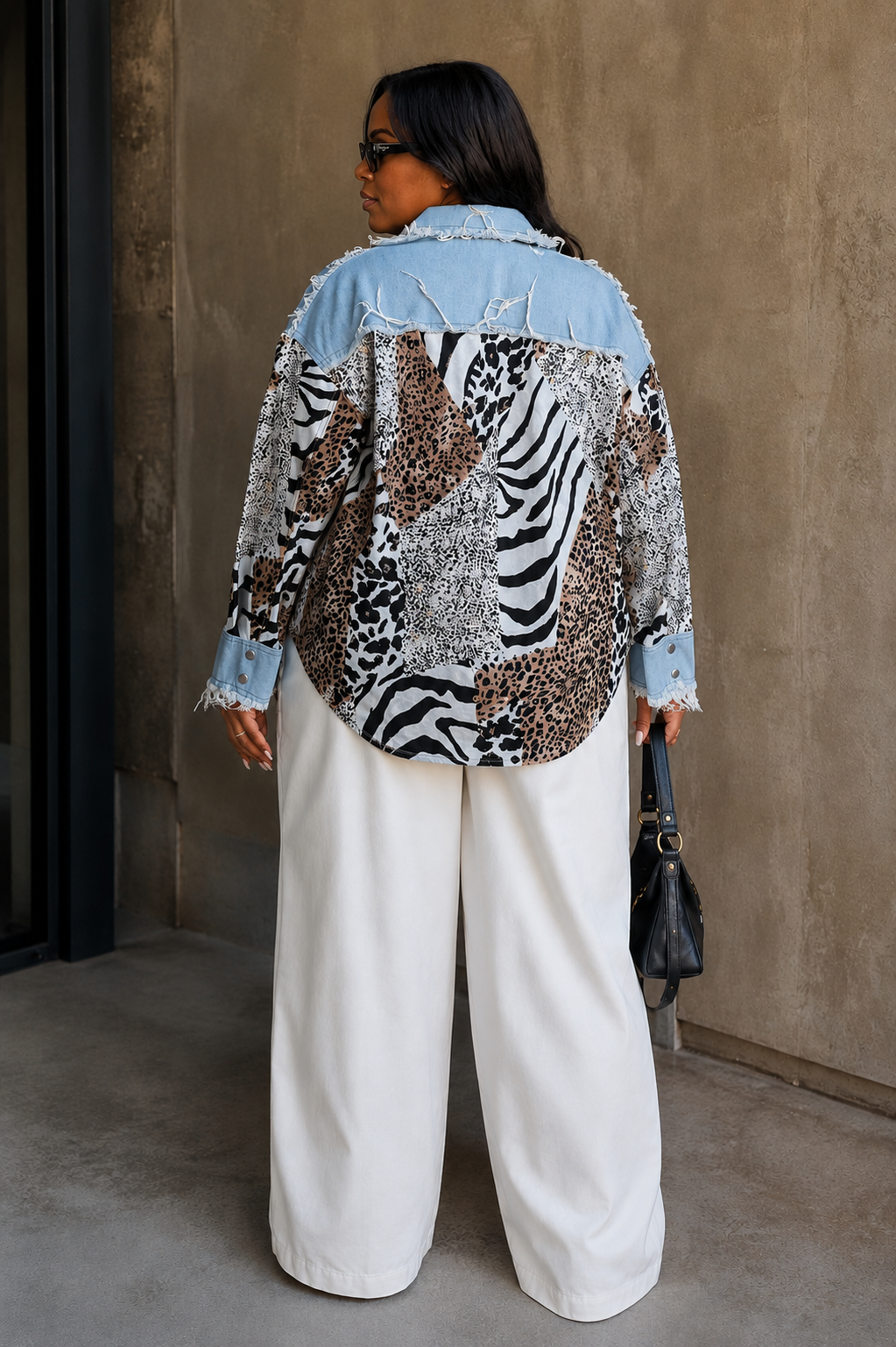 Leopard denim mixed animal print shirt with patchwork detailing and back view – For Her NYC 