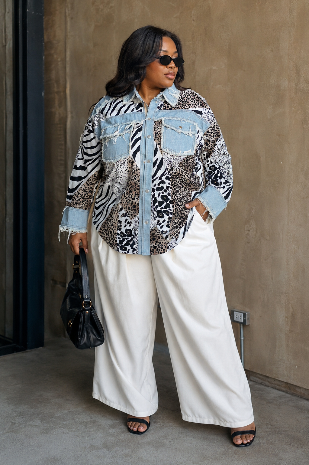 Leopard denim mixed animal print shirt with patchwork design and denim trim front view – For Her NYC