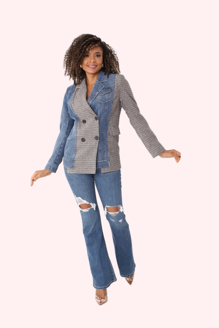 Model walking in mixed media denim and houndstooth blazer to show movement, structure, and modern layered styling by For Her NYC
