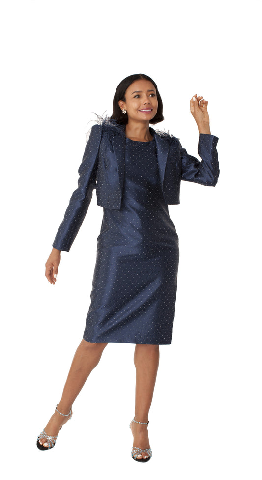 Navy cocktail dress with matching jacket, rhinestone detailing, and feathered shoulders shown from the front by Tally Taylor