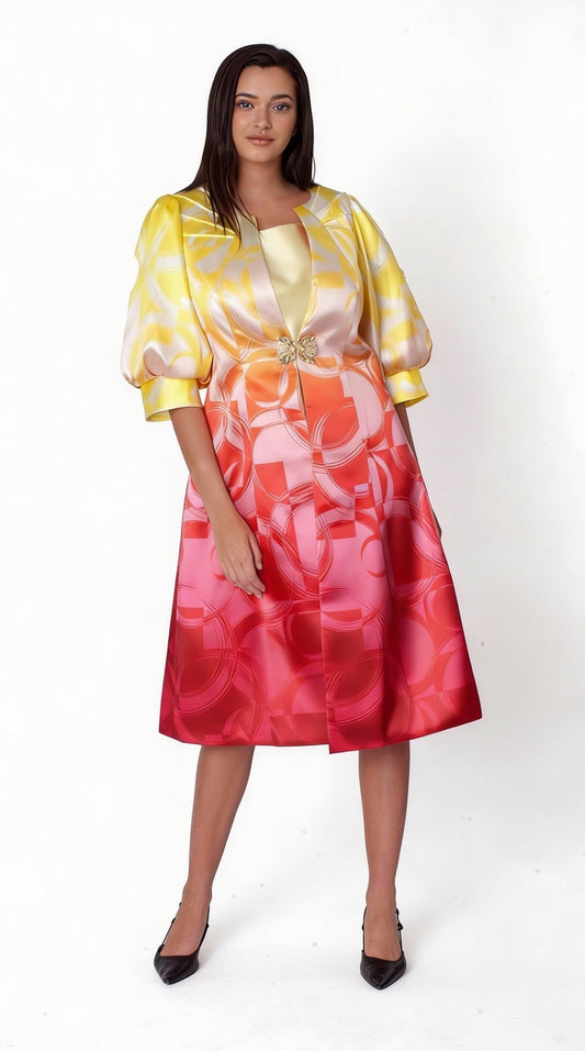 Yellow to red ombre abstract print jacket dress set with puff sleeves and A-line silhouette front view – Tally Taylor