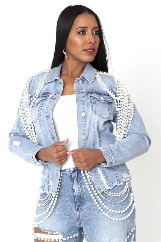 Front view of light pearl embellished denim jacket, trendy outerwear, For Her NYC
