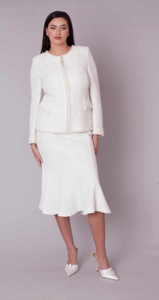 White pearl trim tweed skirt suit with tailored jacket and flared skirt front view – Tally Taylor