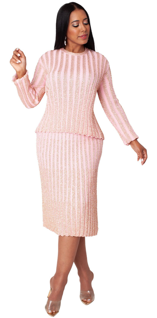 Model wearing pink and gold shimmer knit suit, front walking pose by Tally Taylor