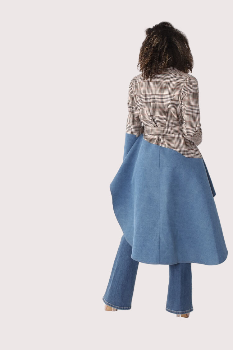 Back view of PLAID/DENIM high-low blazer with dramatic denim cascading tail, styled with jeans – For Her NYC