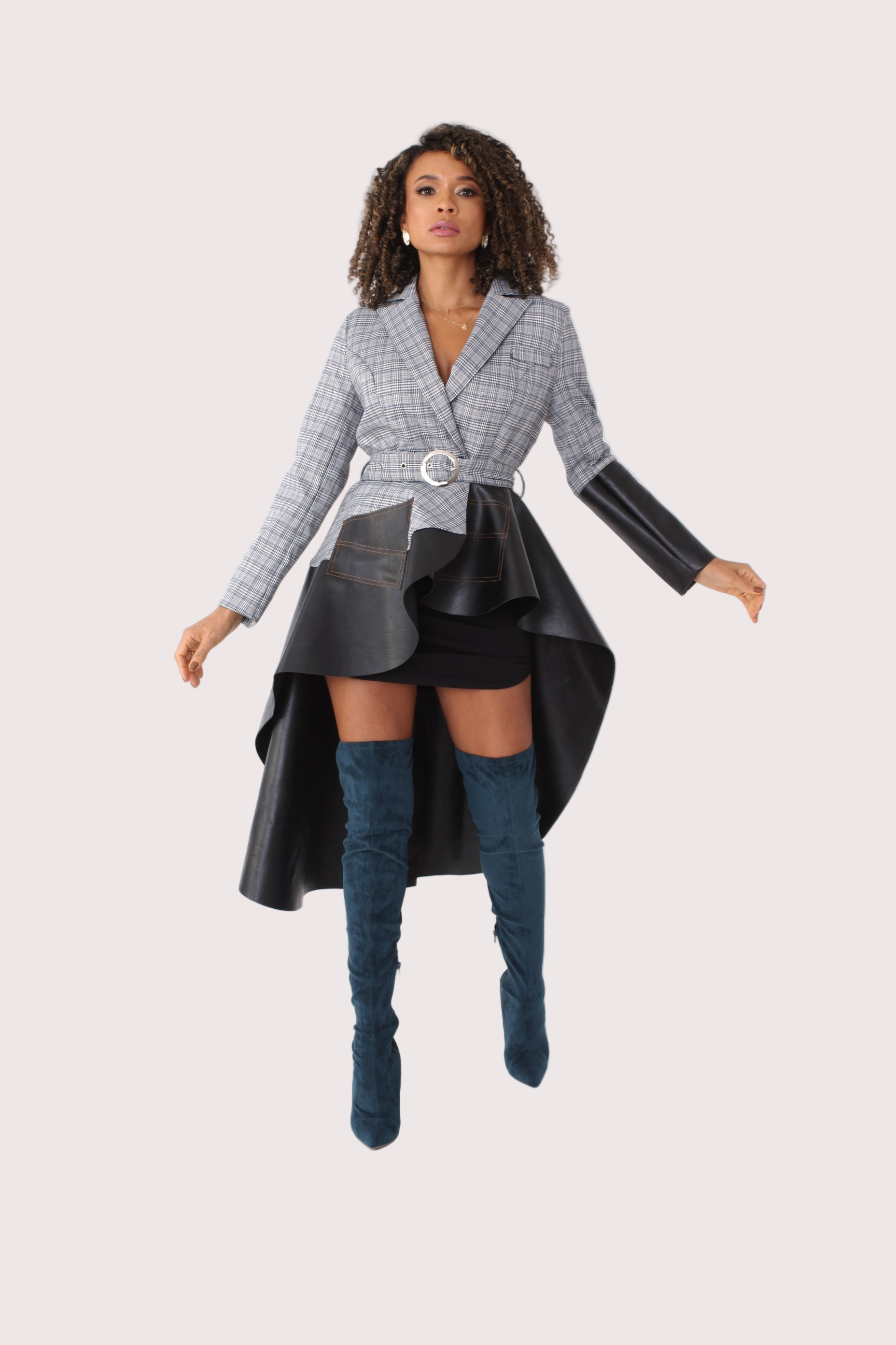 Front walking stance view wearing grey plaid blazer — For Her NYC