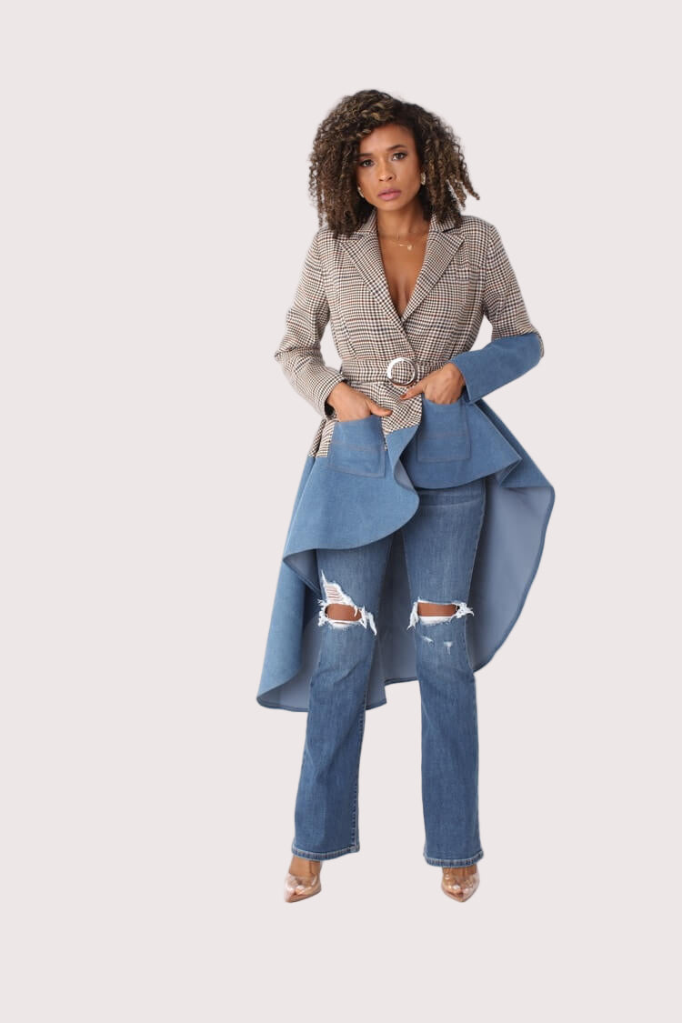 PLAID/DENIM high-low blazer with denim high-low hem, belted waist and long panels, styled with jeans – For Her NYC