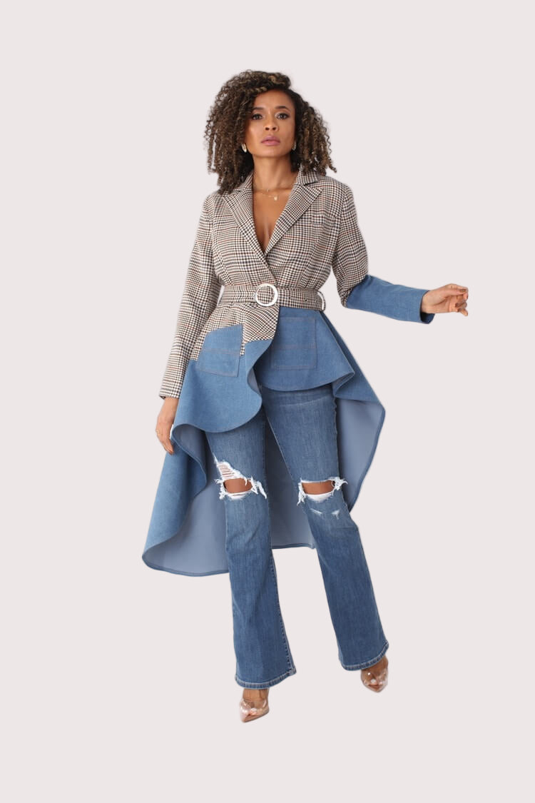 Front view of PLAID/DENIM high-low blazer with denim cascading panels, styled with jeans – For Her NYC