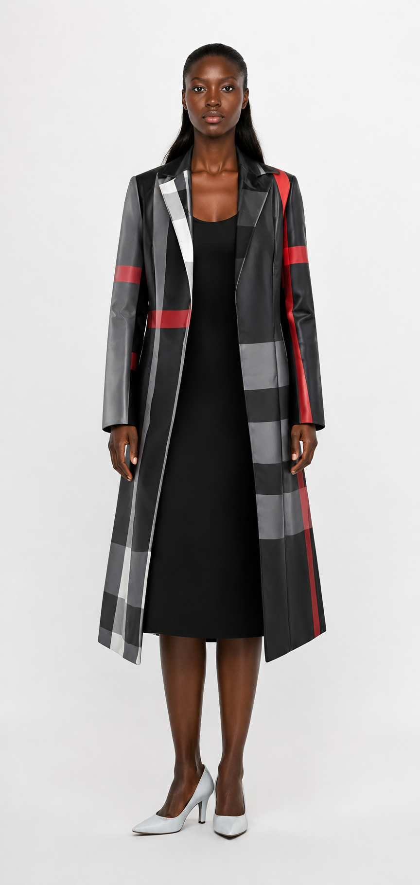 Model wearing black multi plaid long jacket church dress set, front standing pose by Tally Taylor