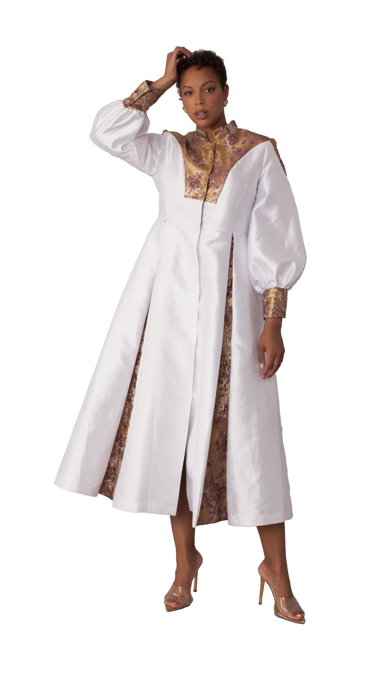 Plus size white and gold clergy robe with bishop sleeves and mandarin collar, front view highlighting flowing silhouette by Tally Taylor