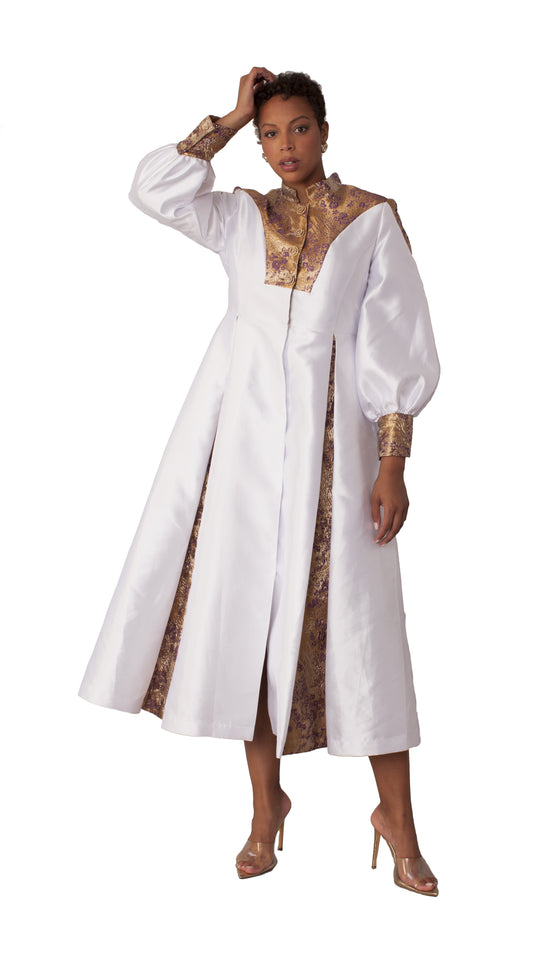 Plus size white and gold clergy robe with bishop sleeves and mandarin collar, front view highlighting flowing silhouette by Tally Taylor