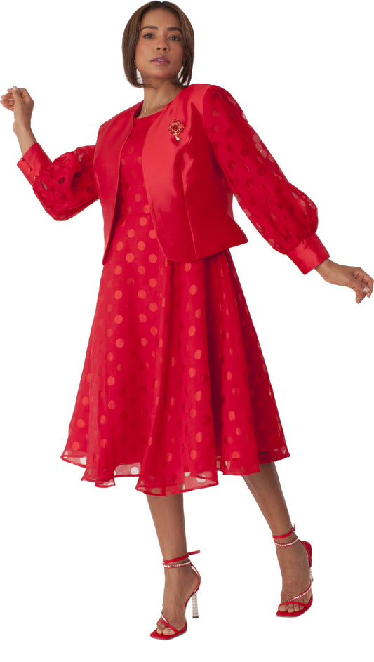Model wearing red plus size polka dot dress set with jacket, front walking pose by Tally Taylor