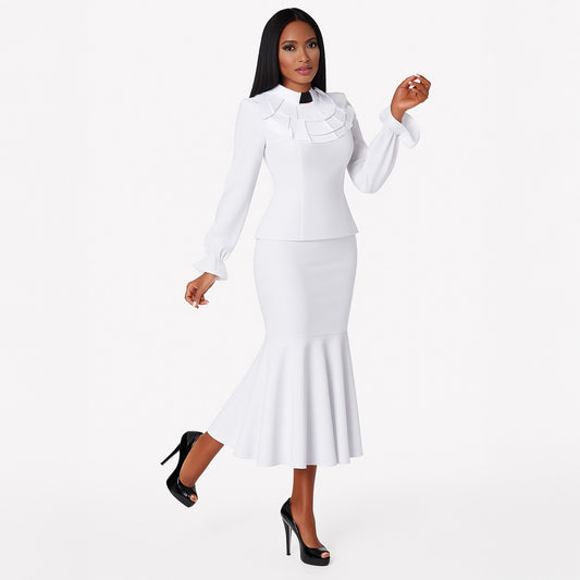 Model wearing white and black plus size two-piece ruffle church set, front walking pose by Tally Taylor