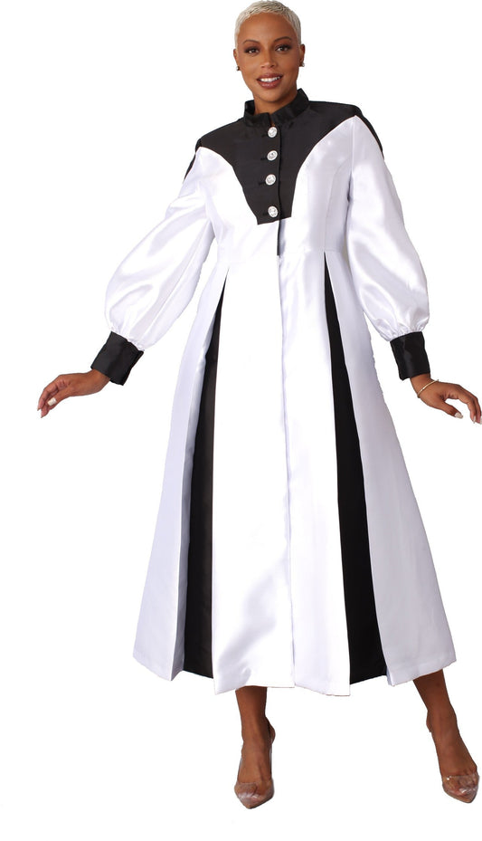 Plus size black and white two-toned woven cassock robe with bishop sleeves and rhinestone buttons, model standing front pose – Tally Taylor