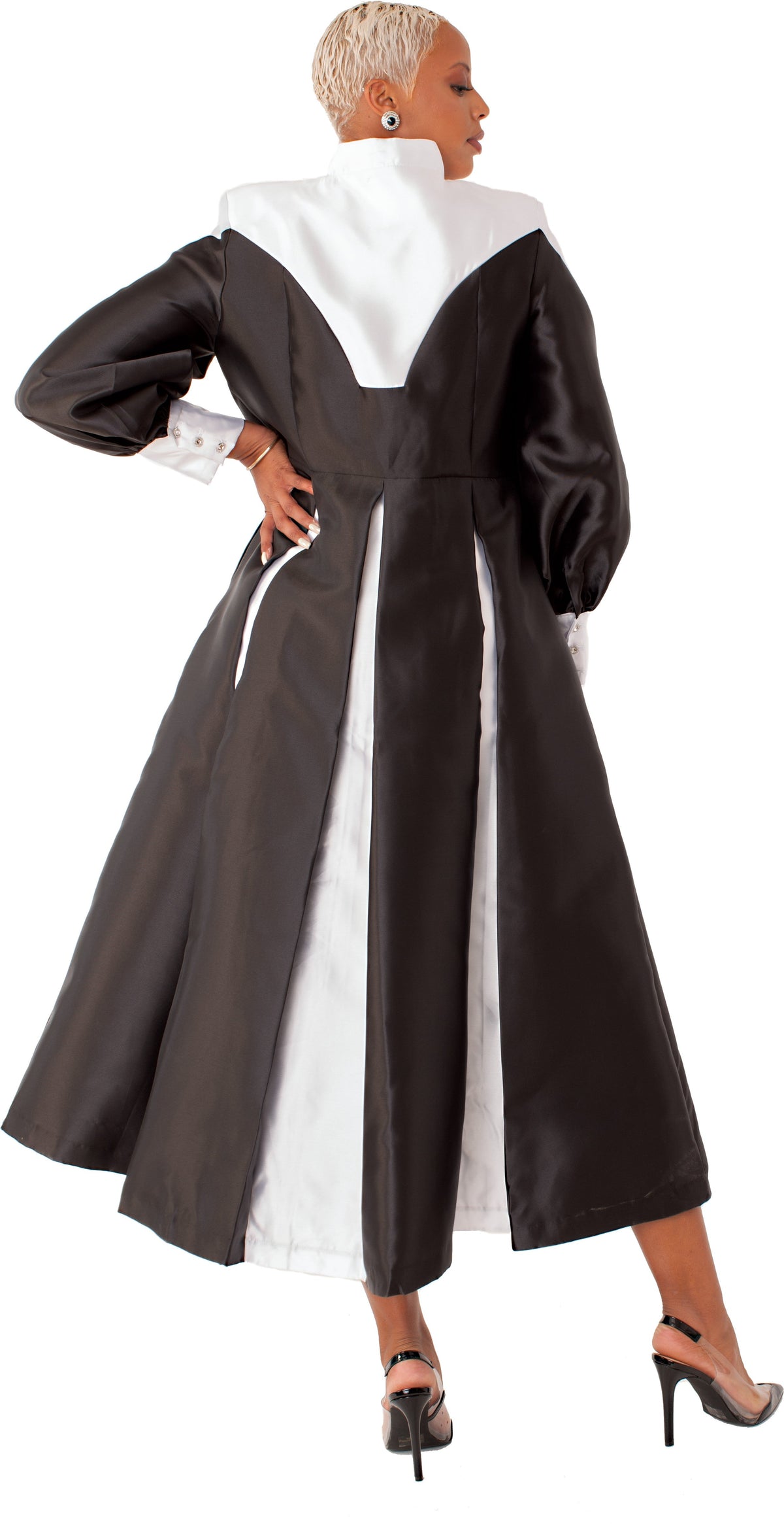 Plus size black and white two-toned woven cassock robe with bishop sleeves and rhinestone buttons, model side pose showing silhouette – Tally Taylor