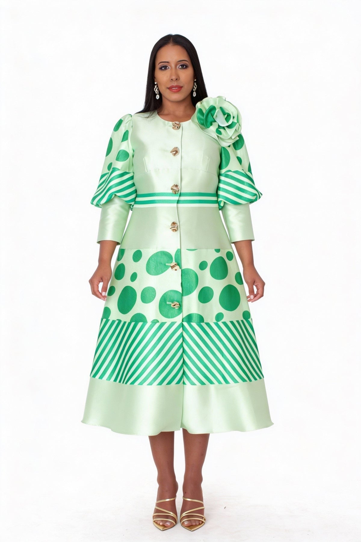Green polka dot and stripe midi dress with shoulder bow detail and flared hem back view – Tally Taylor
