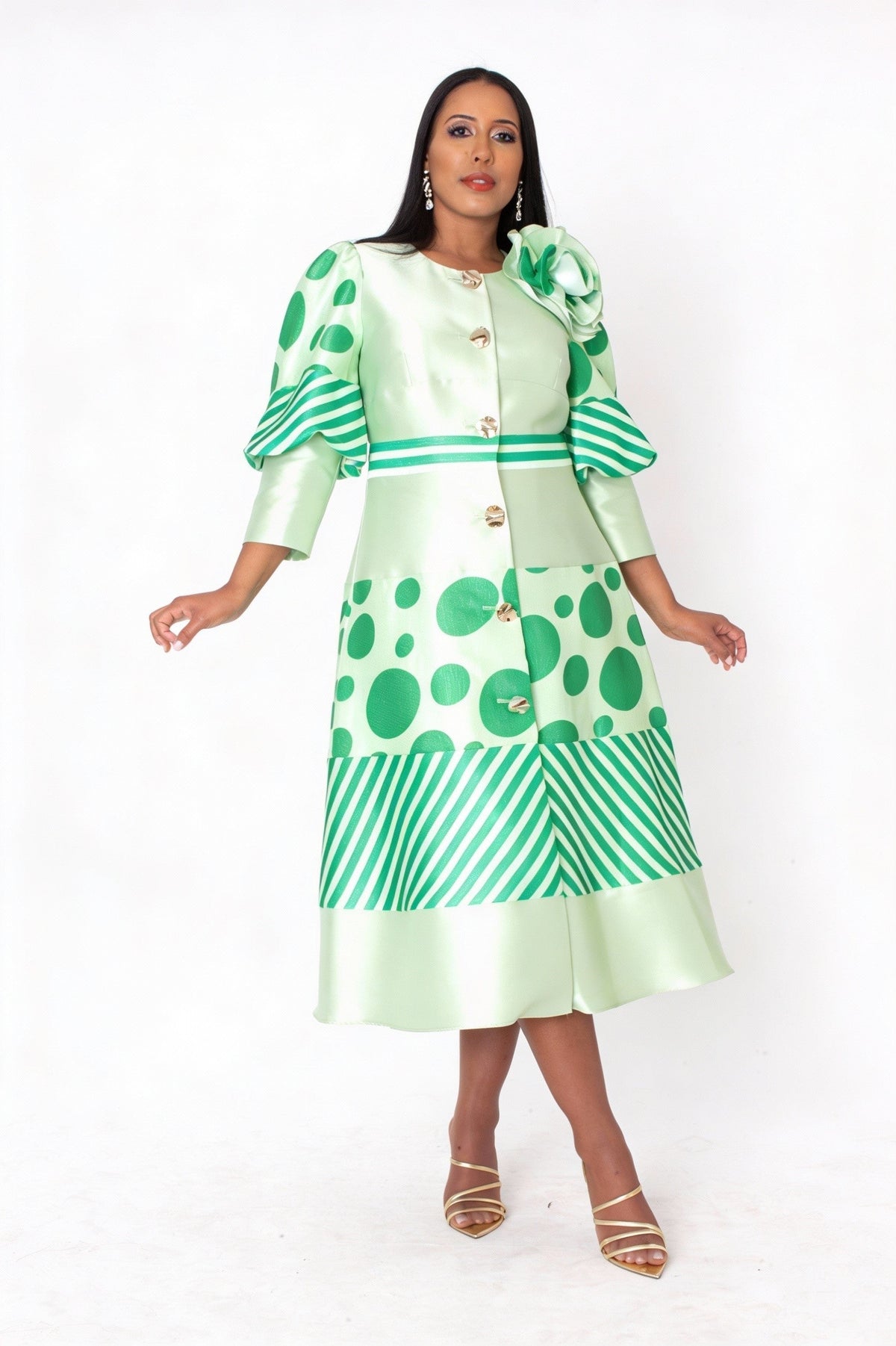 Green polka dot and stripe midi dress with shoulder bow detail and button-front design front view – Tally Taylor