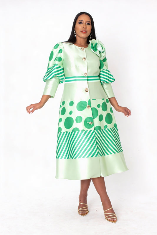 Green polka dot and stripe midi dress with shoulder bow detail and button-front design front view – Tally Taylor