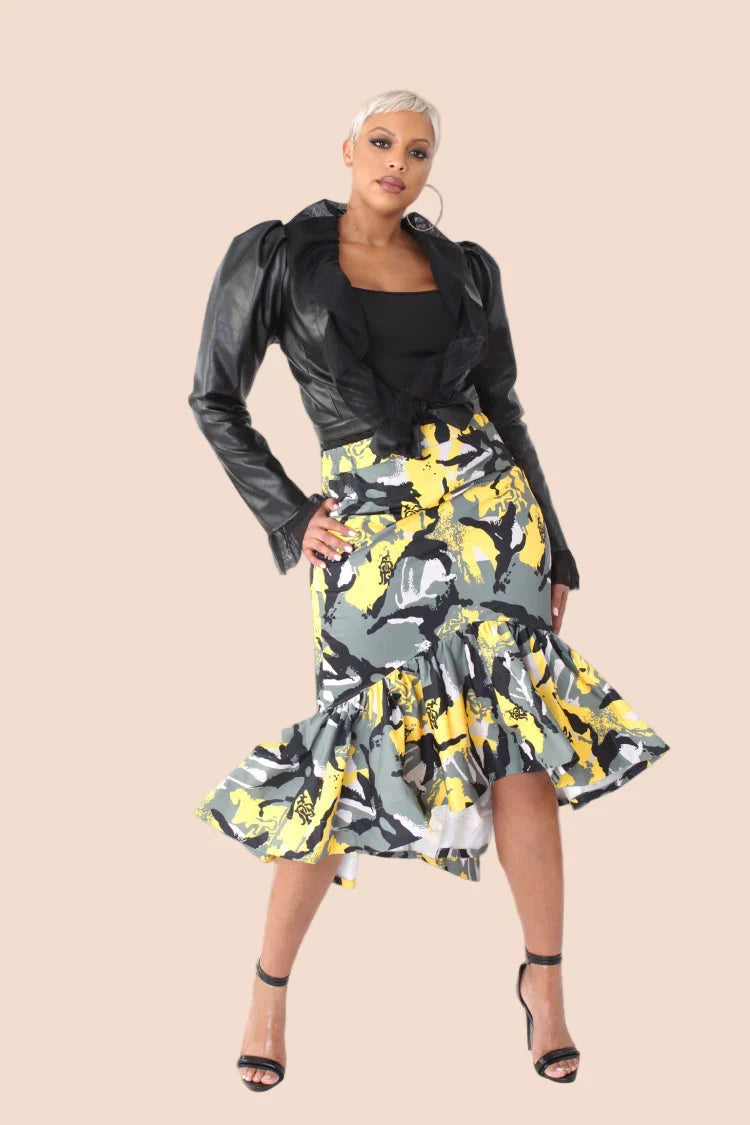 Grey yellow camo high low skirt front view with flared hem for playful standout styling.