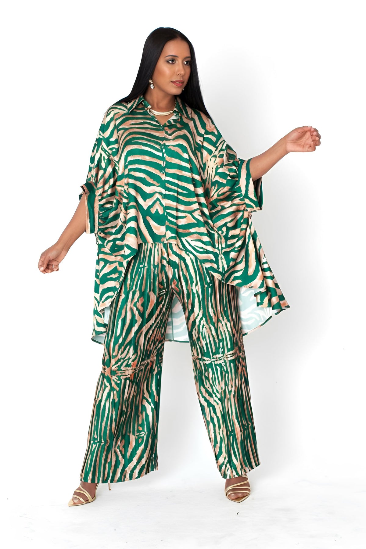 Front view of printed lounge pant set in green multi, relaxed wide-leg pants, For Her NYC