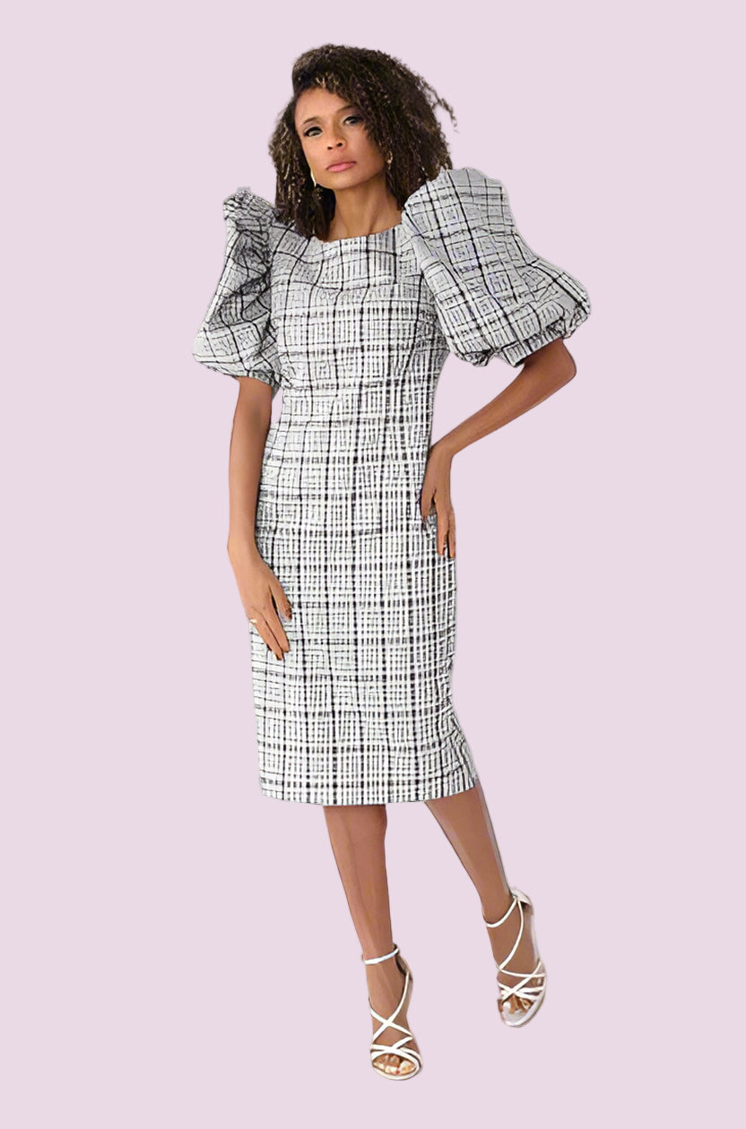 puff sleeve grey plaid midi dress with classic plaid print, front standing pose.