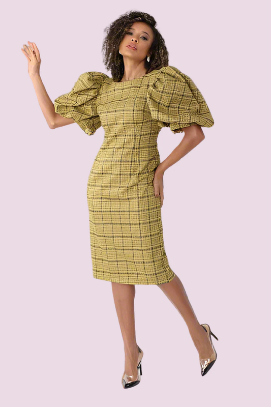 Mustard plaid puff sleeve midi dress with feminine woven detailing, front standing pose.